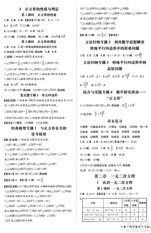 湖南教育出版社2024年秋一本同步训练九年级数学上册北师大版辽宁专版答案