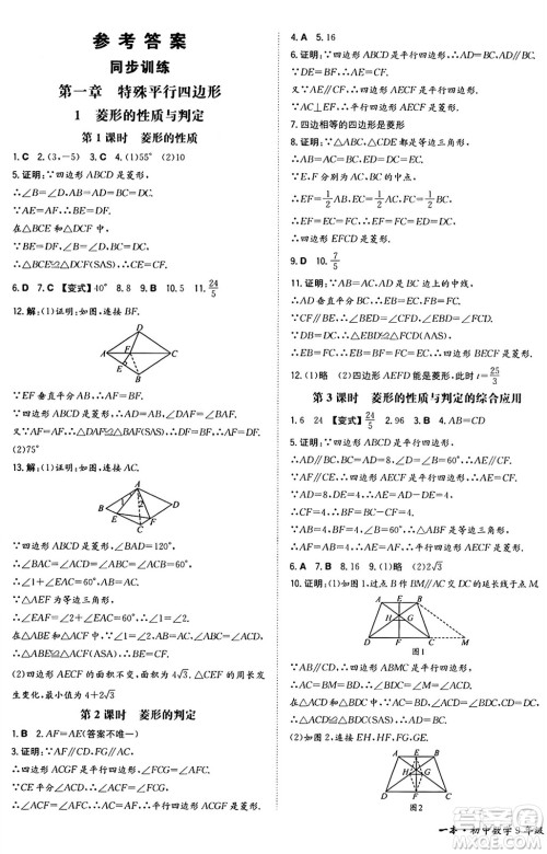 湖南教育出版社2024年秋一本同步训练九年级数学上册北师大版辽宁专版答案