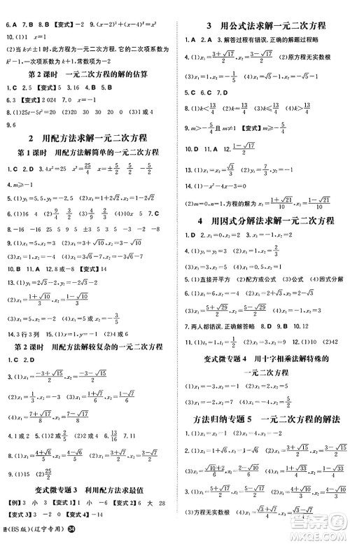 湖南教育出版社2024年秋一本同步训练九年级数学上册北师大版辽宁专版答案