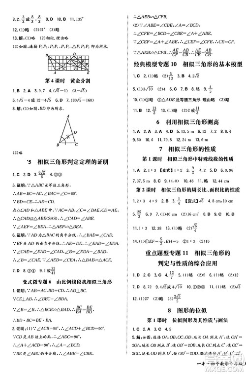 湖南教育出版社2024年秋一本同步训练九年级数学上册北师大版辽宁专版答案