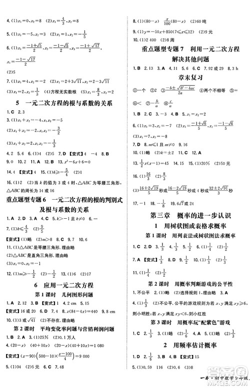 湖南教育出版社2024年秋一本同步训练九年级数学上册北师大版辽宁专版答案