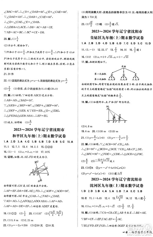 湖南教育出版社2024年秋一本同步训练九年级数学上册北师大版辽宁专版答案