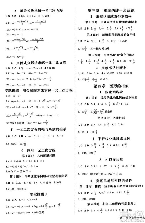 湖南教育出版社2024年秋一本同步训练九年级数学上册北师大版辽宁专版答案