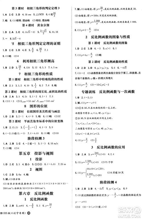 湖南教育出版社2024年秋一本同步训练九年级数学上册北师大版辽宁专版答案