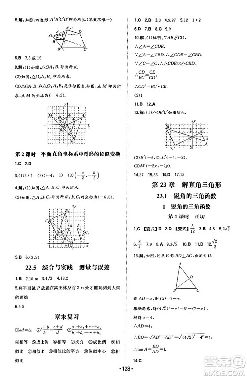 湖南教育出版社2024年秋一本同步训练九年级数学上册沪科版安徽专版答案