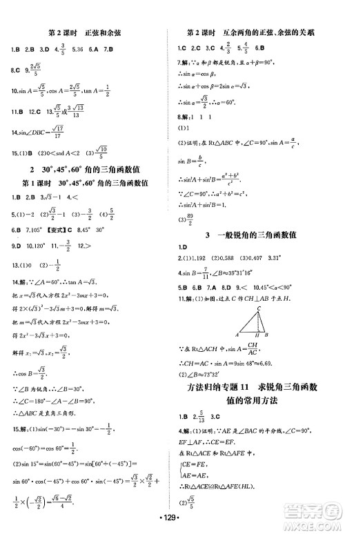 湖南教育出版社2024年秋一本同步训练九年级数学上册沪科版安徽专版答案