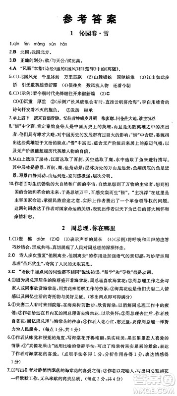 湖南教育出版社2024年秋一本同步训练九年级语文上册人教版答案 湖南教育出版社2024年秋一本同步训练九年级语文上册人教版答案