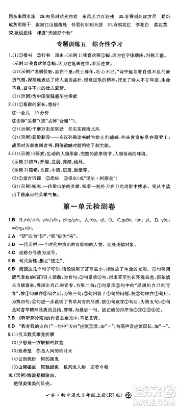 湖南教育出版社2024年秋一本同步训练九年级语文上册人教版答案