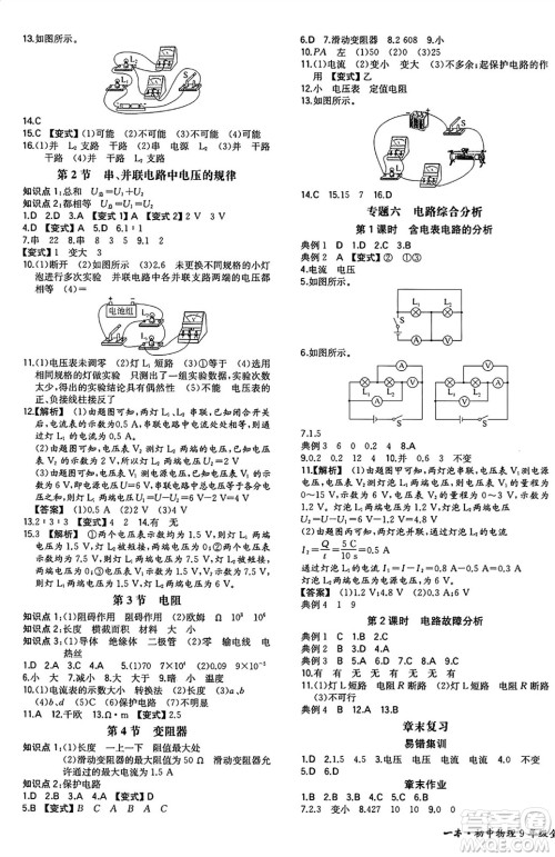 湖南教育出版社2024年秋一本同步训练九年级物理上册人教版重庆专版答案