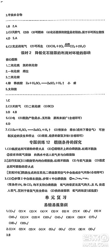 湖南教育出版社2024年秋一本同步训练九年级化学上册人教版答案