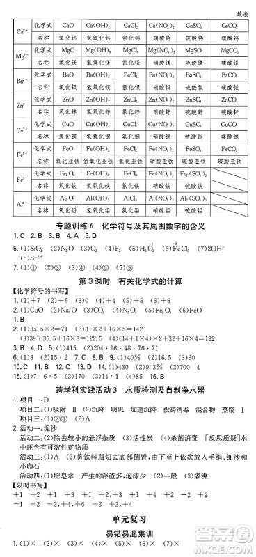 湖南教育出版社2024年秋一本同步训练九年级化学上册人教版重庆专版答案