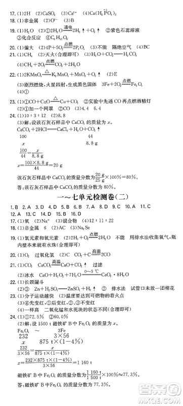 湖南教育出版社2024年秋一本同步训练九年级化学上册人教版重庆专版答案