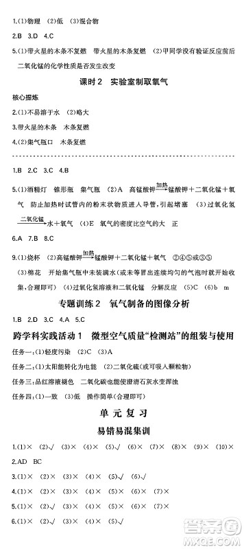 湖南教育出版社2024年秋一本同步训练九年级化学上册人教版辽宁专版答案