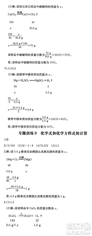 湖南教育出版社2024年秋一本同步训练九年级化学上册人教版辽宁专版答案