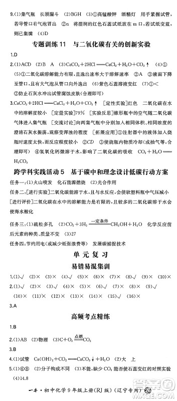 湖南教育出版社2024年秋一本同步训练九年级化学上册人教版辽宁专版答案 湖南教育出版社2024年秋一本同步训练九年级化学上册人教版辽宁专版答案