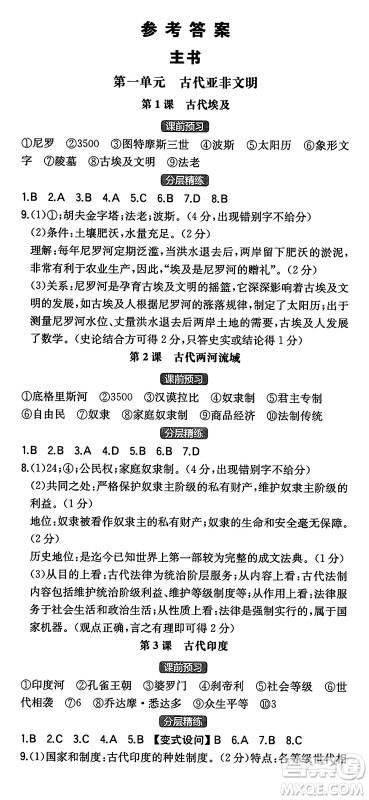 湖南教育出版社2024年秋一本同步训练九年级历史上册人教版陕西专版答案