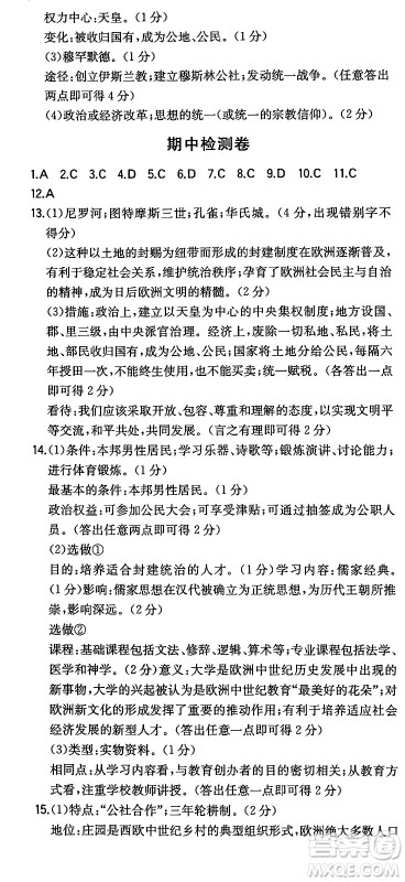 湖南教育出版社2024年秋一本同步训练九年级历史上册人教版陕西专版答案