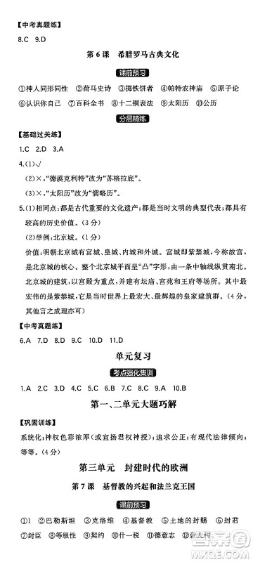 湖南教育出版社2024年秋一本同步训练九年级历史上册人教版安徽专版答案