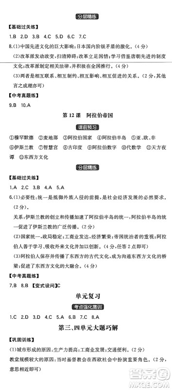 湖南教育出版社2024年秋一本同步训练九年级历史上册人教版安徽专版答案