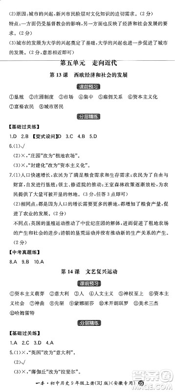 湖南教育出版社2024年秋一本同步训练九年级历史上册人教版安徽专版答案