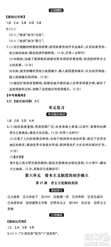 湖南教育出版社2024年秋一本同步训练九年级历史上册人教版安徽专版答案