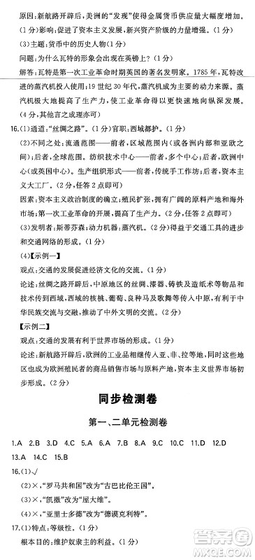 湖南教育出版社2024年秋一本同步训练九年级历史上册人教版安徽专版答案