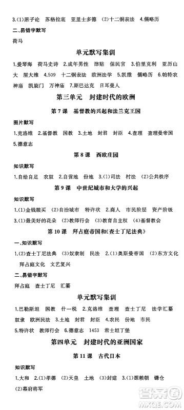 湖南教育出版社2024年秋一本同步训练九年级历史上册人教版安徽专版答案