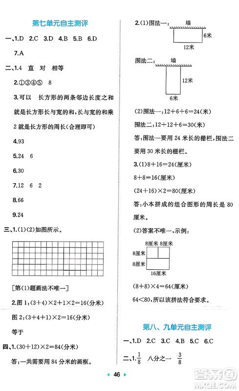 湖南教育出版社2024年秋一本同步训练三年级数学上册人教版答案