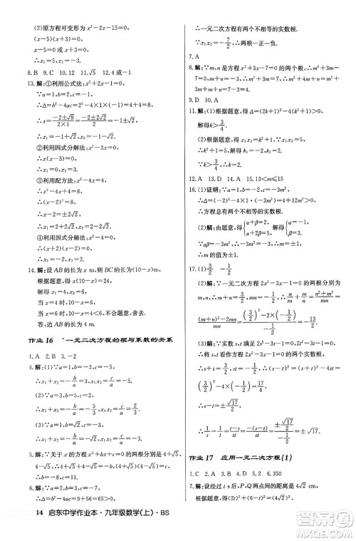 龙门书局2024秋启东中学作业本九年级数学上册北师大版答案