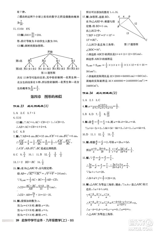 龙门书局2024秋启东中学作业本九年级数学上册北师大版答案