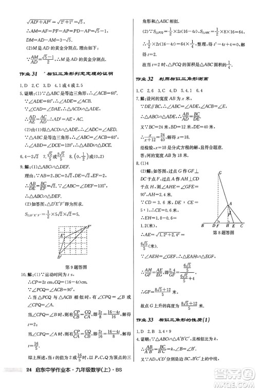 龙门书局2024秋启东中学作业本九年级数学上册北师大版答案