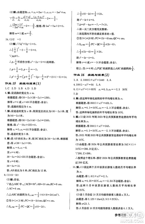 龙门书局2024秋启东中学作业本九年级数学上册华师版吉林专版答案