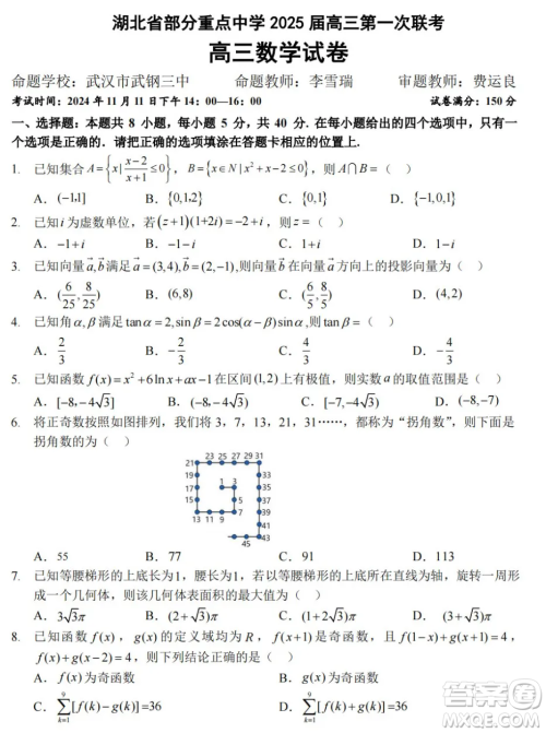 湖北部分重点中学2025届高三第一次联考数学试卷及答案