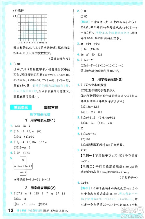 江西人民出版社2024年秋王朝霞德才兼备作业创新设计五年级数学上册人教版答案