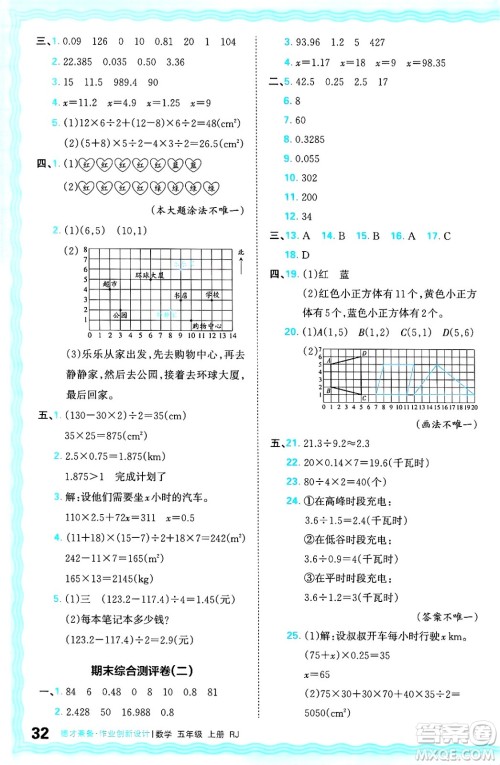 江西人民出版社2024年秋王朝霞德才兼备作业创新设计五年级数学上册人教版答案