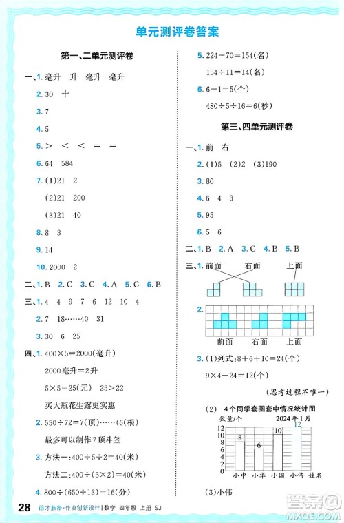 江西人民出版社2024年秋王朝霞德才兼备作业创新设计四年级数学上册苏教版答案