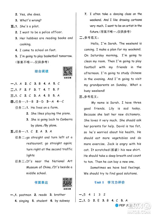 广东人民出版社2024年秋阳光同学课时优化作业六年级英语上册人教PEP版广东专版答案