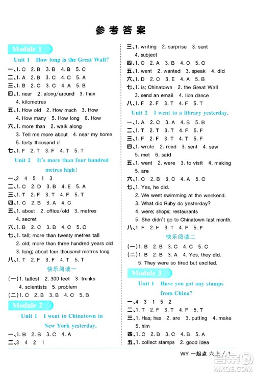 江西教育出版社2024年秋阳光同学课时优化作业六年级英语上册外研版一起点答案