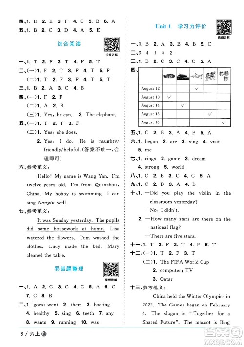 江西教育出版社2024年秋阳光同学课时优化作业六年级英语上册闽教版福建专版答案