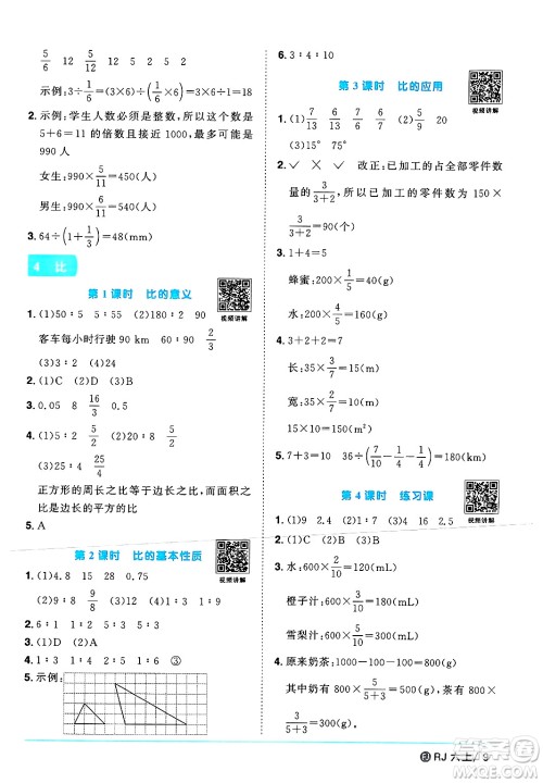 福建少年儿童出版社2024年秋阳光同学课时优化作业六年级数学上册人教版福建专版答案