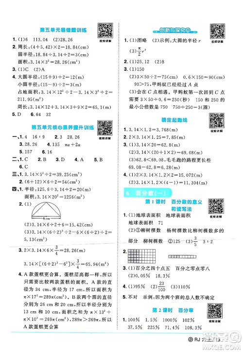 福建少年儿童出版社2024年秋阳光同学课时优化作业六年级数学上册人教版福建专版答案