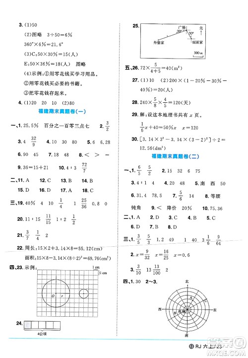 福建少年儿童出版社2024年秋阳光同学课时优化作业六年级数学上册人教版福建专版答案