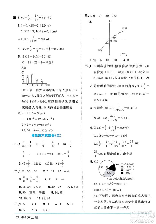 福建少年儿童出版社2024年秋阳光同学课时优化作业六年级数学上册人教版福建专版答案