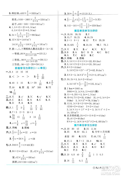 甘肃少年儿童出版社2024年秋阳光同学课时优化作业六年级数学上册人教版山东专版答案