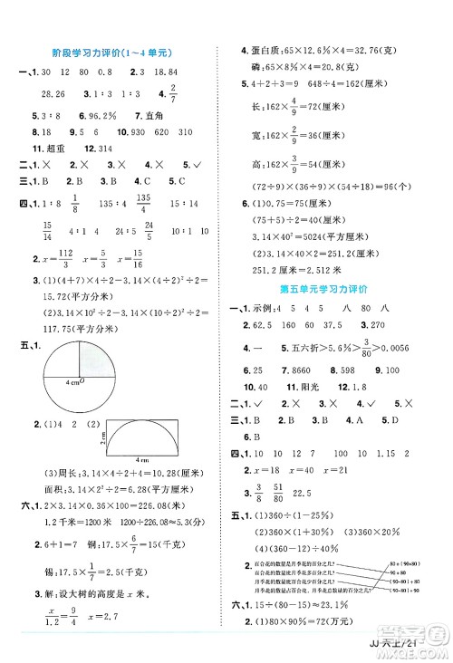 江西教育出版社2024年秋阳光同学课时优化作业六年级数学上册冀教版答案