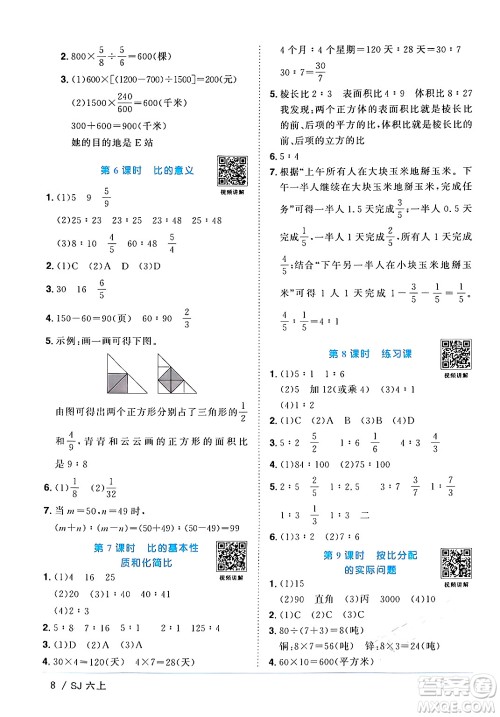 江西教育出版社2024年秋阳光同学课时优化作业六年级数学上册苏教版答案