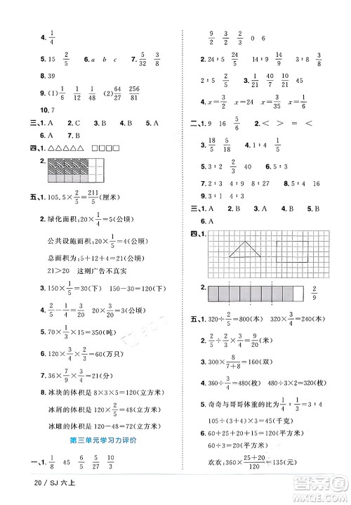 江西教育出版社2024年秋阳光同学课时优化作业六年级数学上册苏教版答案