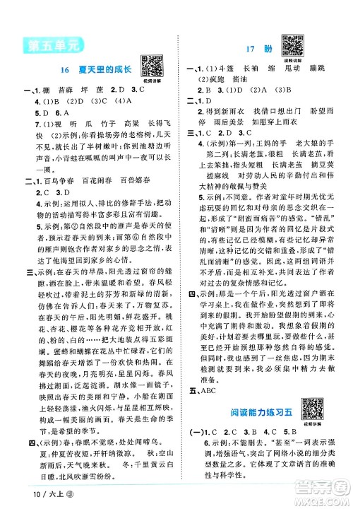 福建少年儿童出版社2024年秋阳光同学课时优化作业六年级语文上册人教版福建专版答案