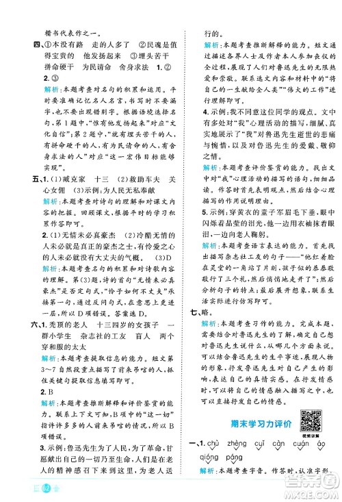 江西教育出版社2024年秋阳光同学课时优化作业六年级语文上册人教版河北专版答案