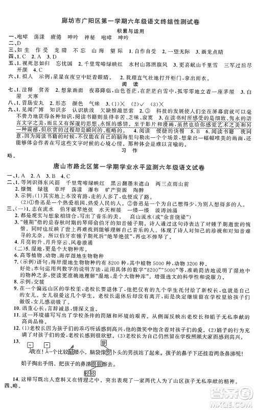 江西教育出版社2024年秋阳光同学课时优化作业六年级语文上册人教版河北专版答案